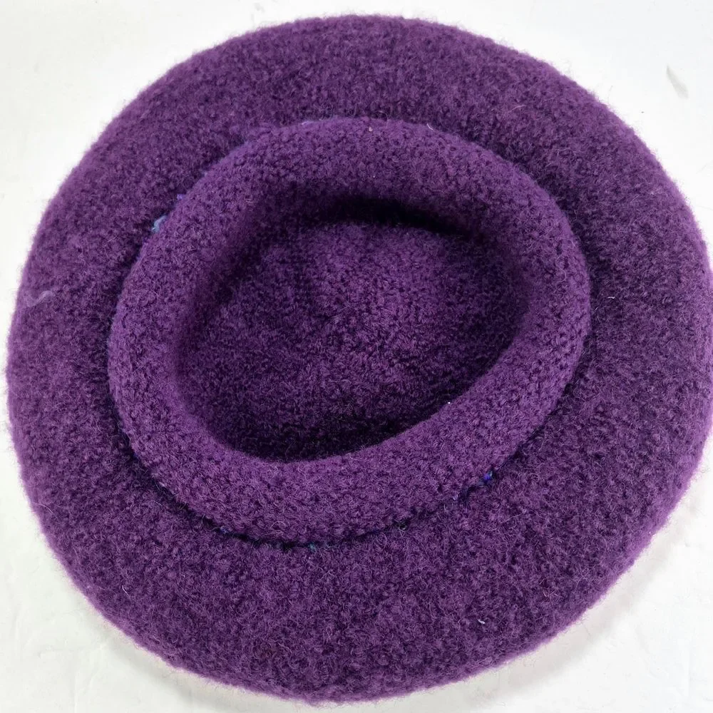 Handmade Purple Felted Wool Hat w/ Green Blue Crochet Band Boho Retro